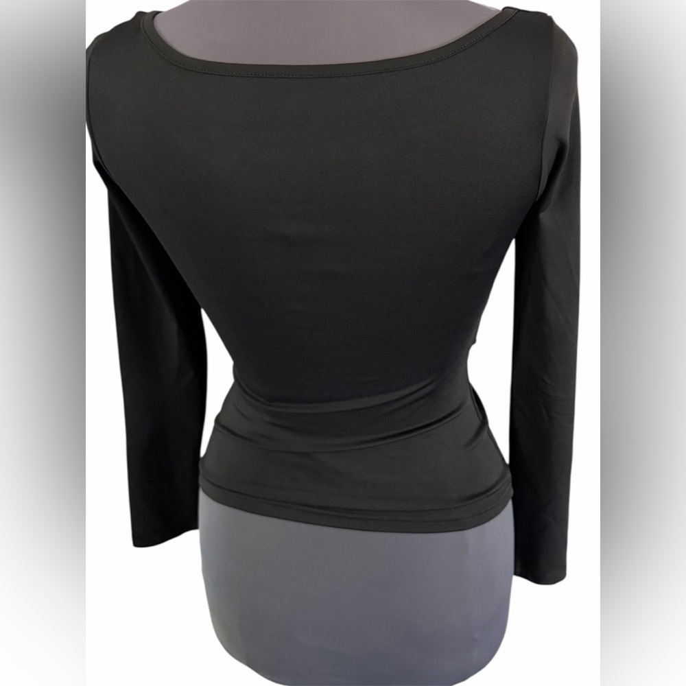 Black Plunge Neck Ruched Bust Long Sleeve Top Y2K Stretch - Picture 3 of 4